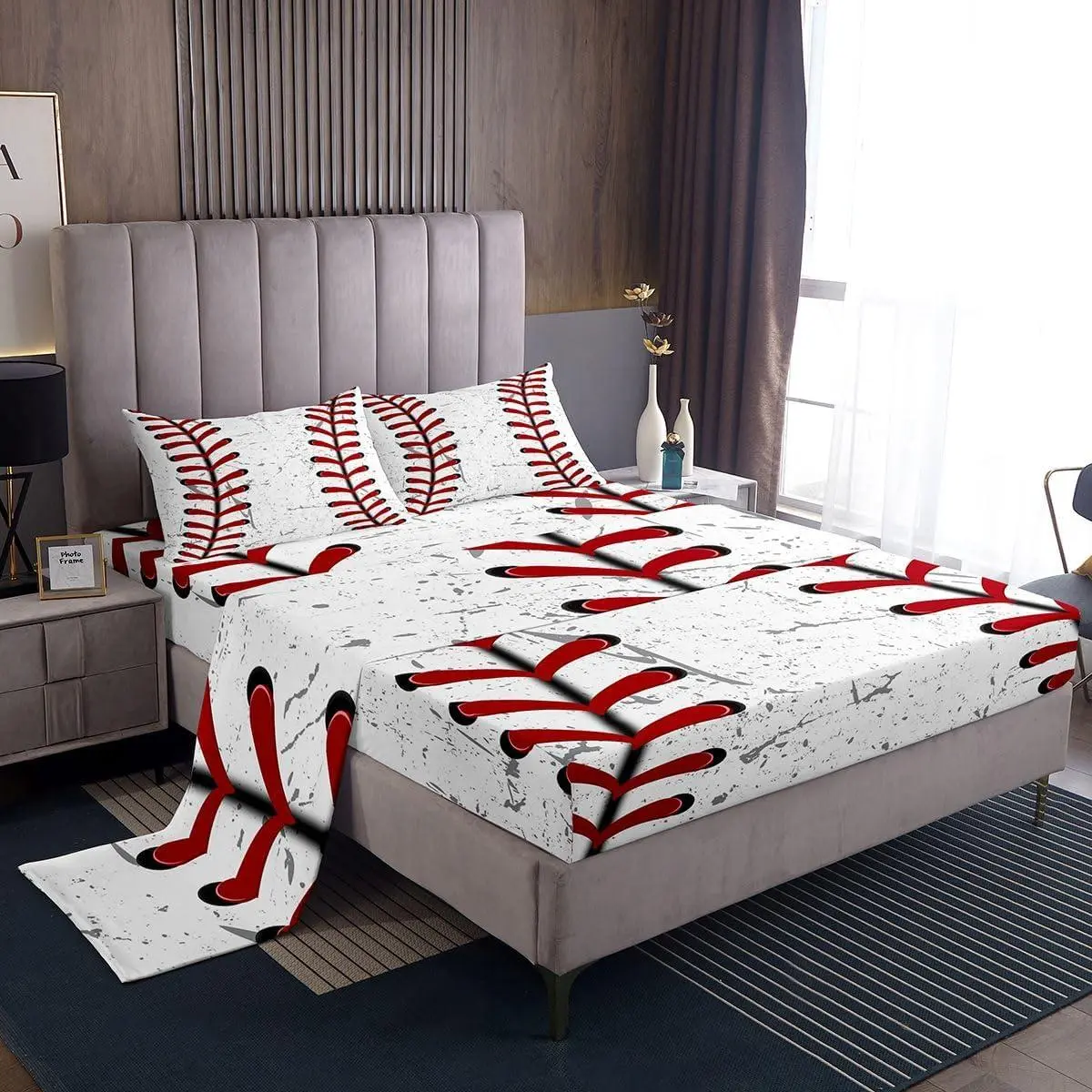 Baseball Bed Sheets for Boys,Red White Baseball Sheet Set for Kids,Grunge Ball Print Bedding Setsports Game Fitted Sheet + Top Sheet Soft + Wrinkle Free
