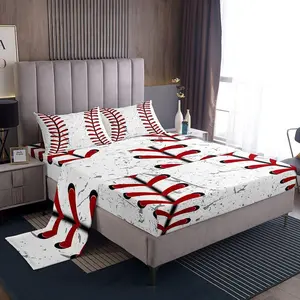 Baseball Bed Sheets for Boys,Red White Baseball Sheet Set for Kids,Grunge Ball Print Bedding Setsports Game Fitted Sheet + Top Sheet Soft + Wrinkle Free