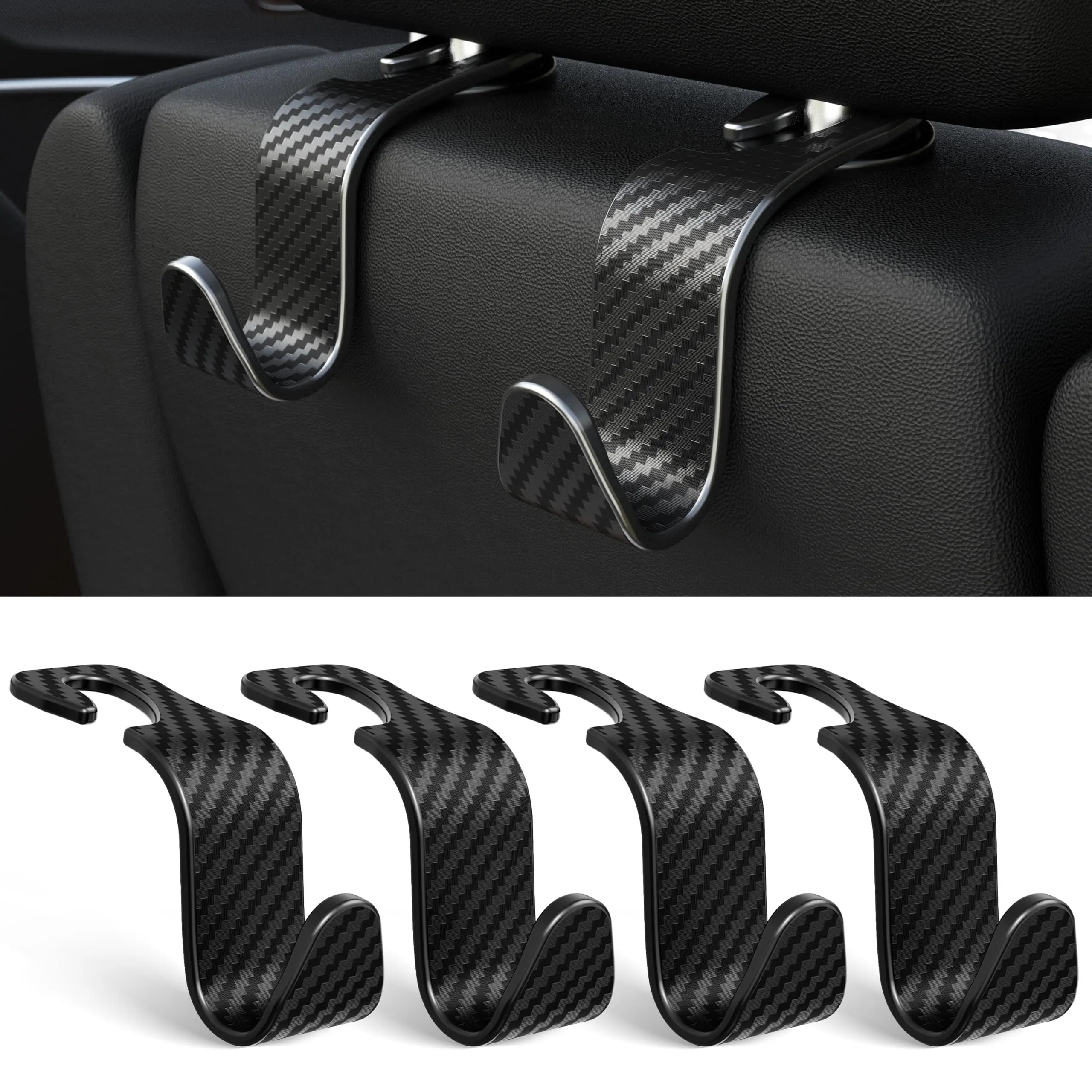 4-Pack Car Headrest Hooks Holds 55lbs Seat Storage Organizer for Bags Durable ABS Material, 360° Rotating, Car Hanger for Backpack Umbrella Water Bottle Coat Handbags Groceries, Checkered Black