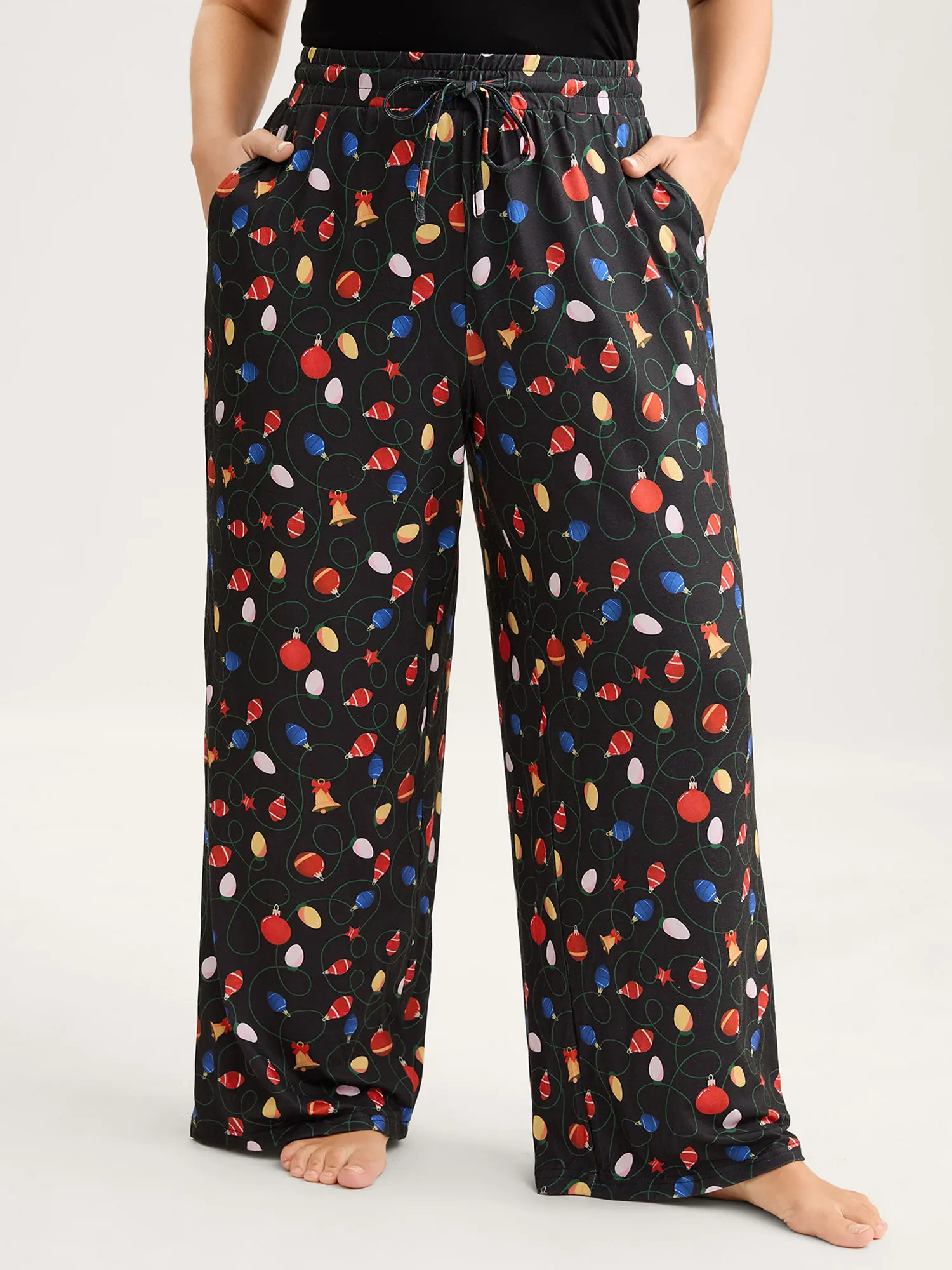 BLOOMCHIC Women's Plus Size Bulb Print Drawstring Travel Lounge Pants - Loose-Fit Full-Length Multi-Sized Casual Pants, Spandex Fabric, Pocket, Geometric Color-Block, Burgundy/Black/Indigo, M-6X, 2026 Summer Everyday Garment, Multi-Sized Pants,Summerfinds