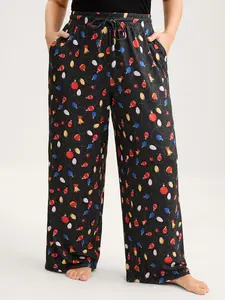 BLOOMCHIC Women's Plus Size Bulb Print Drawstring Lounge Bottoms - Loose-Fit Full-Length Casual Fashion Pants, Spandex Fabric, Pocket, Geometric Color-Block, Burgundy/Black/Indigo, M-6X, 2026 Summer Everyday Clothes Pick 2026 Summer Vibes Garment Swimweek