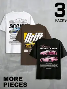 Men's Summer Casual Trendy 3-Piece T-Shirt Set, Graphic Racing Print, Regular Fit, Unisex, Daily Wear, Car Enthusiasts' Choice