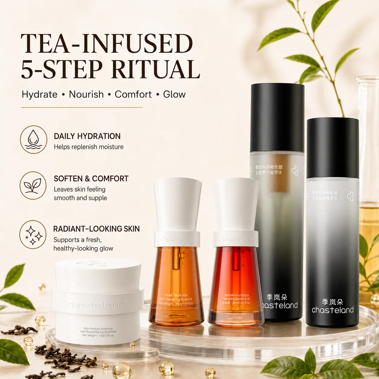 Chasteland-Tea Essence 5-Piece Set Skin Repair Set Brightens and firms the skin, repairs the barrier, and soothes sensitivity; prevents dullness and aging.Reduces redness and strengthens the skin barrier.