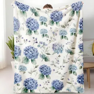 Hydrangea Floral Fleece , Blue White Green Pastel Bedding, Cozy Soft All-Season Throw, Perfect for Boho Home Decor, Living Room & Gift for Her blanket