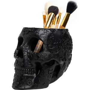 Skull Makeup Brush Holder, Pen Holder, Vanity, Desk, Office Organizer, Stationary, Decor Planter , Candy Bowl , Goth Decorations , Extra Large, Skulls Gothic Skull & Bones Organizer Bathroom (Black)