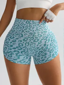 Leopard Print Yoga Shorts, High Waist Ruched Sportswear, Breathable Slim Fit for Gym & Home, All-Season Athletic Wear