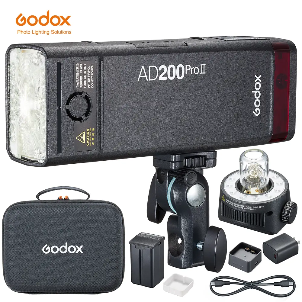 Godox AD200 Pro II Camera Flash Unit - 2.4G HSS, X3 1-Click Synchronization, 1/512 to 1/1 Adjustable Power, Dual-Color LED Modeling Light, 0.01-1.8s Recovery Time, 2980mAh Battery (500 Flashes)