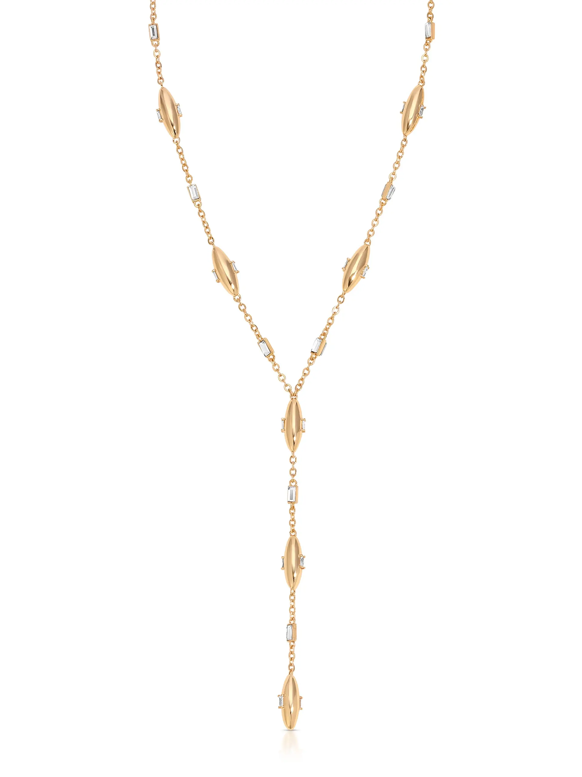 Ettika Oval Dome Lariat Necklace – 18k Gold Plated Brass Necklace with Cubic Zirconia, 14.5" Chain + 5.25" Extender, 3.75" Drop