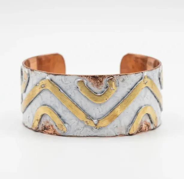 ANJ Handcrafted Rustic Patina Cuff Bracelet - Copper Metal, Ivory Chevron Motif, Handmade Look