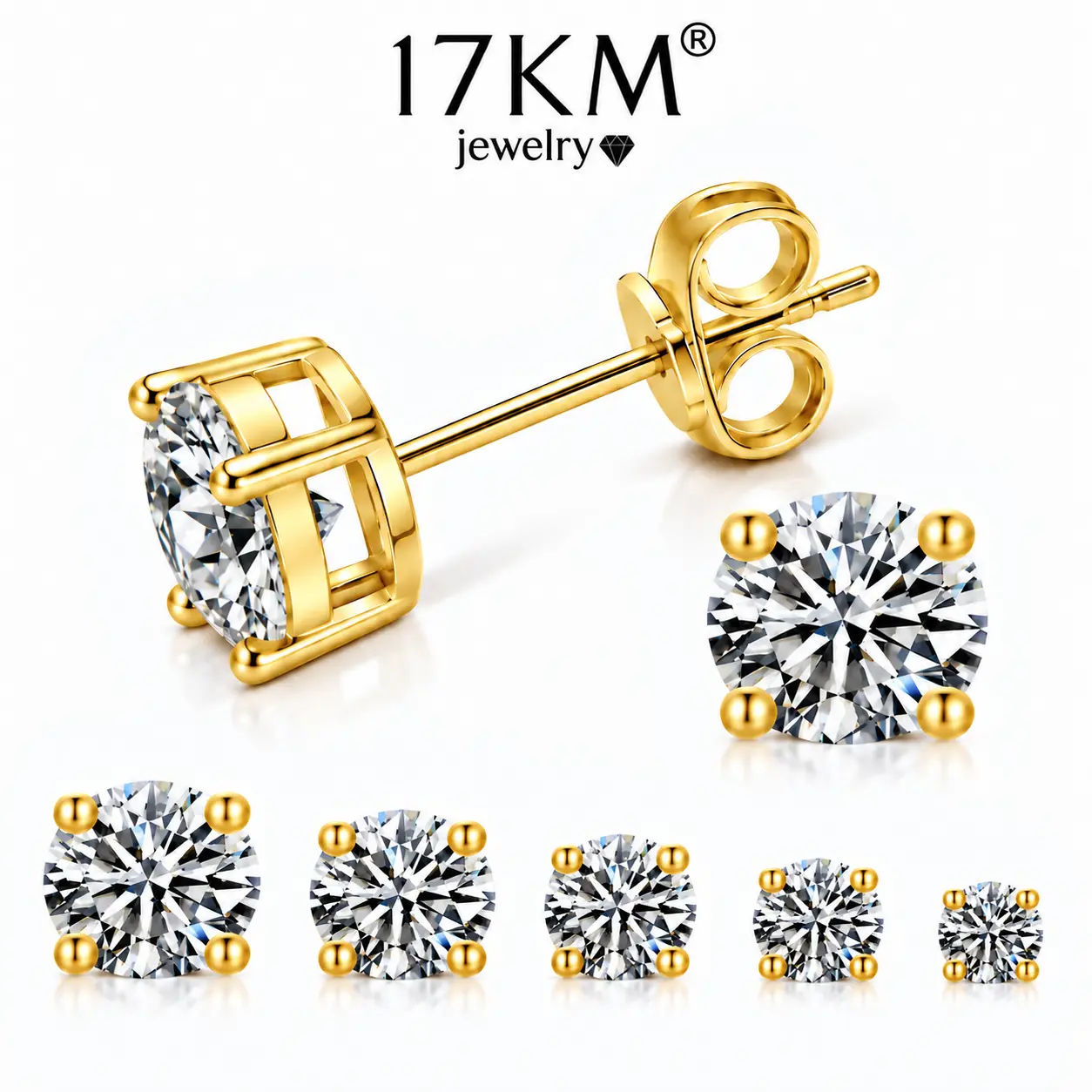 Women's 5-Pair 14K Gold-Plated Cubic Zirconia Stud Earrings Set - Hypoallergenic, Round Brilliant, Earring Stack for Multiple Piercings, Daily Minimalist Fashion Jewelry, 17KM Gold Earrings sohochic