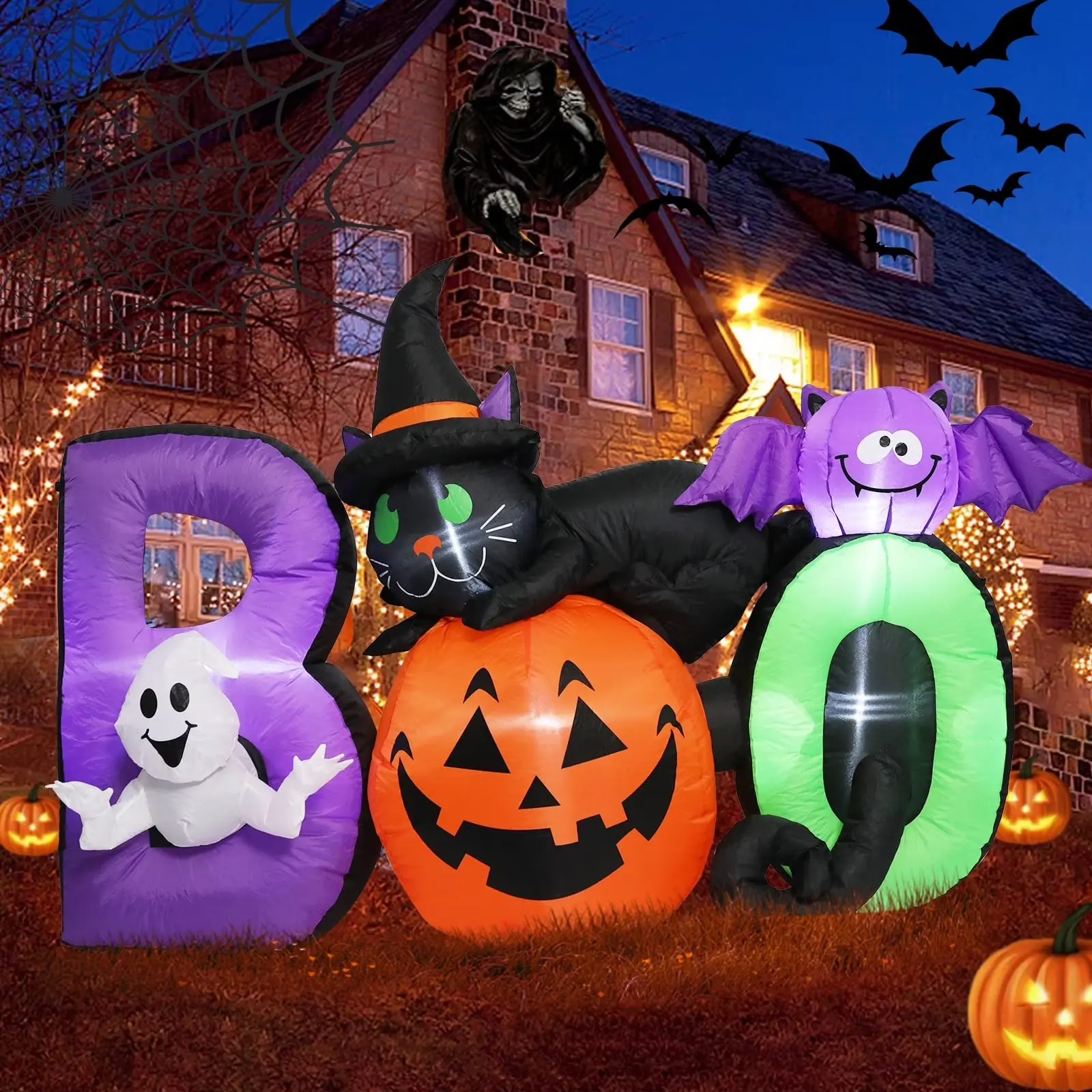 6 FT Long Halloween Inflatables Outdoor Decorations, Pumpkin Inflatable with Lighted Ghost, Black Cat and Bat, Blow up Decoration for Halloween Party, Yard, Garden, Lawn