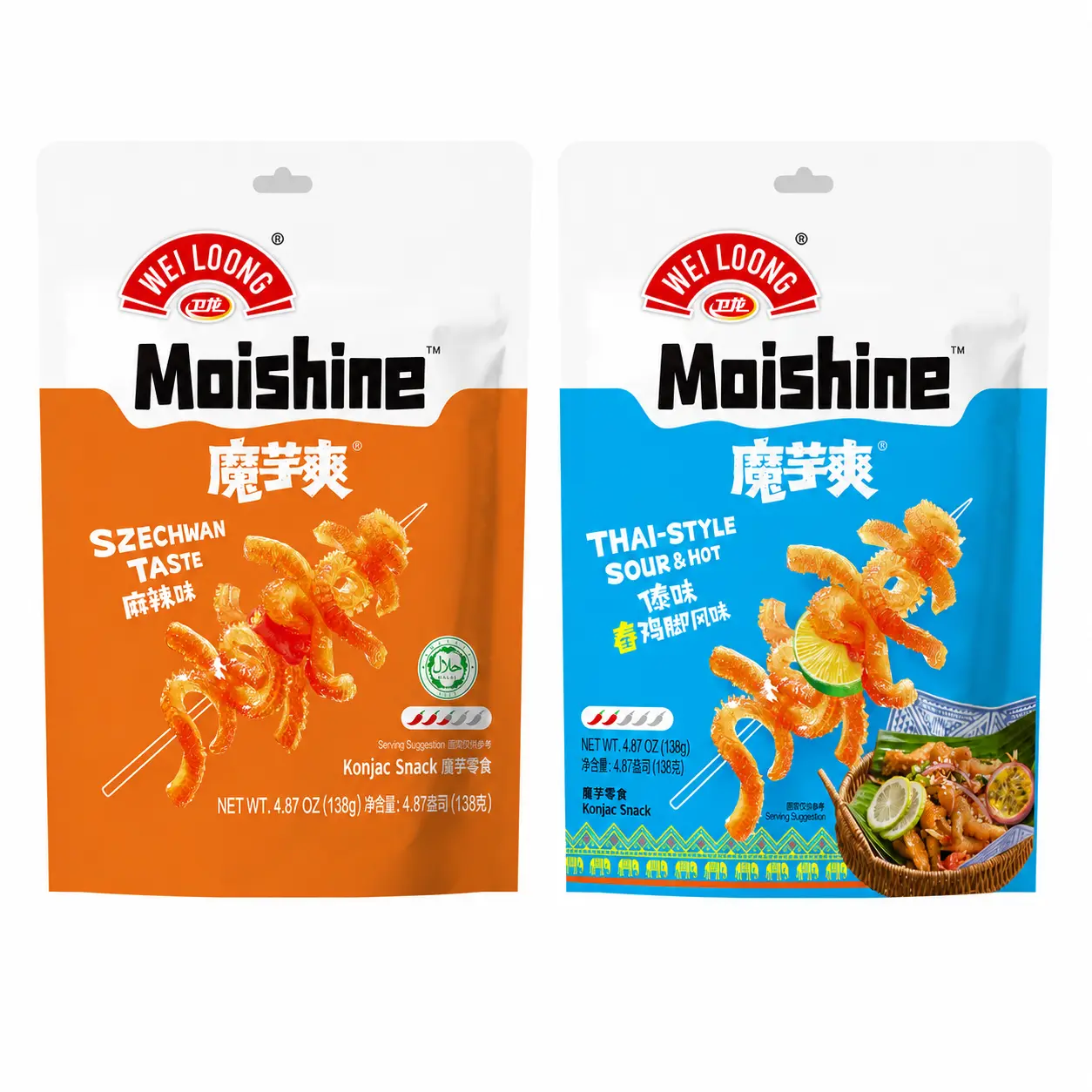 WEILOONG Moishine 2-Flavor Konjac Snack Pack – Chewy Plant-Based Spicy Snack Strips, Classic Flavor Duo
