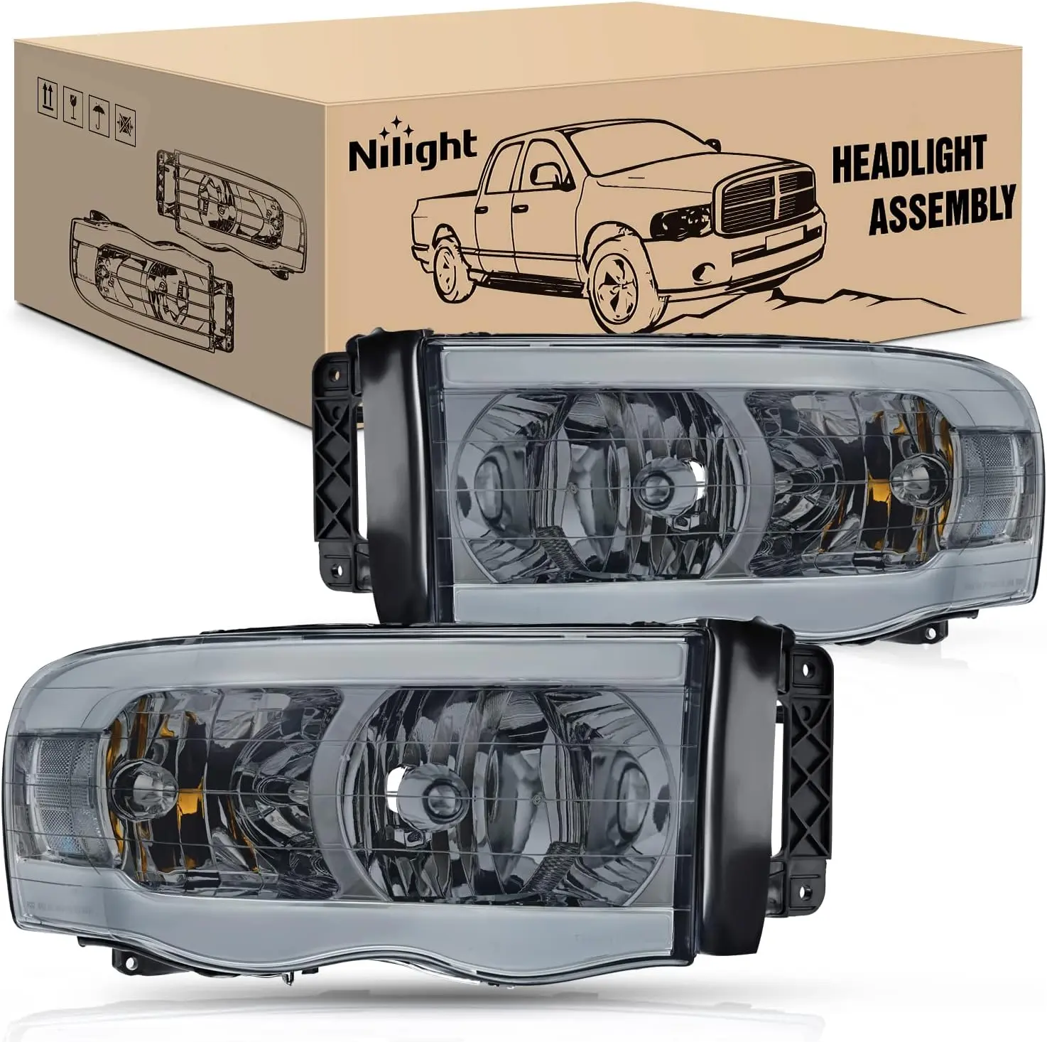 Nilight Headlights Assembly Led DRL for 2002-2005 Dodge Ram 1500/2003 2004 2005 Dodge Ram 2500 3500 Headlamp, Smoke Housing Clear Reflector, Led Drl Upgrade
