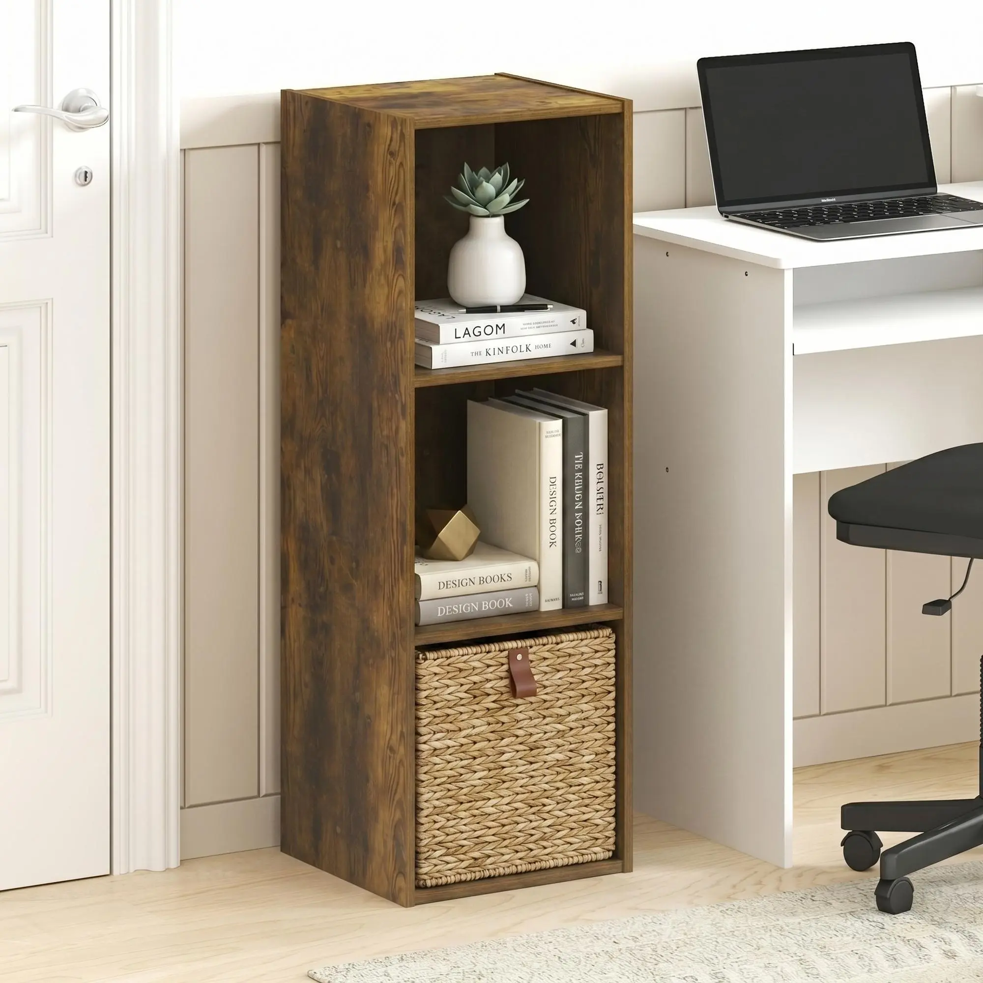 LUDER 3-Cube Open Shelf Bookshelf - 11.1x12.2x35.7in Amber Pine Small Size Space Saver Bookcase for Living Room, Home Organization, Small Spaces (Holds Books)