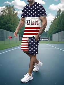 Halloween Christmas Carnival Men's 3D USA Flag Print Summer Casual Sports Set 2-piece T-shirt & Shorts Elastic Fabric Comfortable Breathable