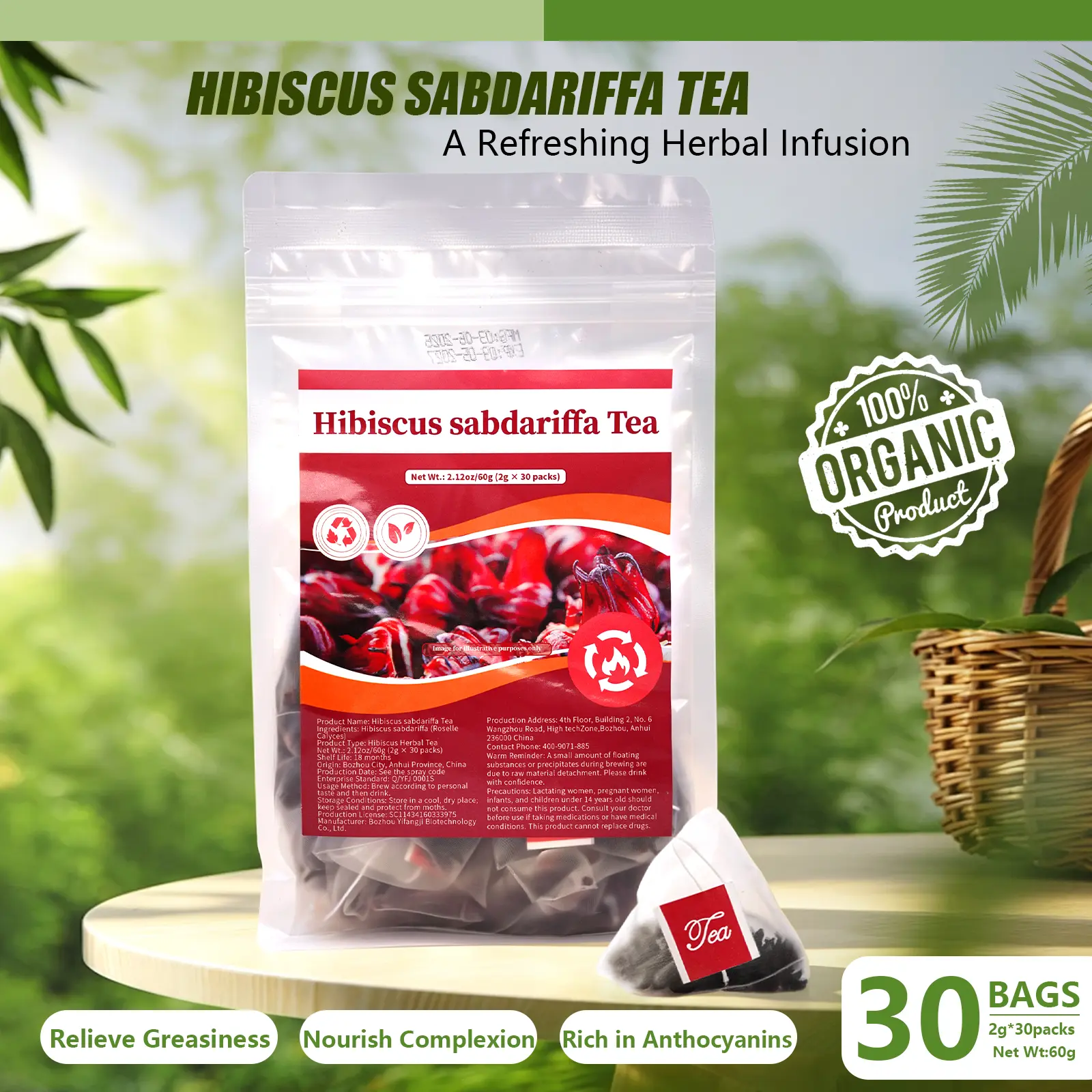 Hibiscus Tea Bags, Caffeine-Free, Natural Antioxidants, Herbal Tea, Supports Blood Pressure Regulation and Skin Radiance, Detoxifying Wellness Beverage