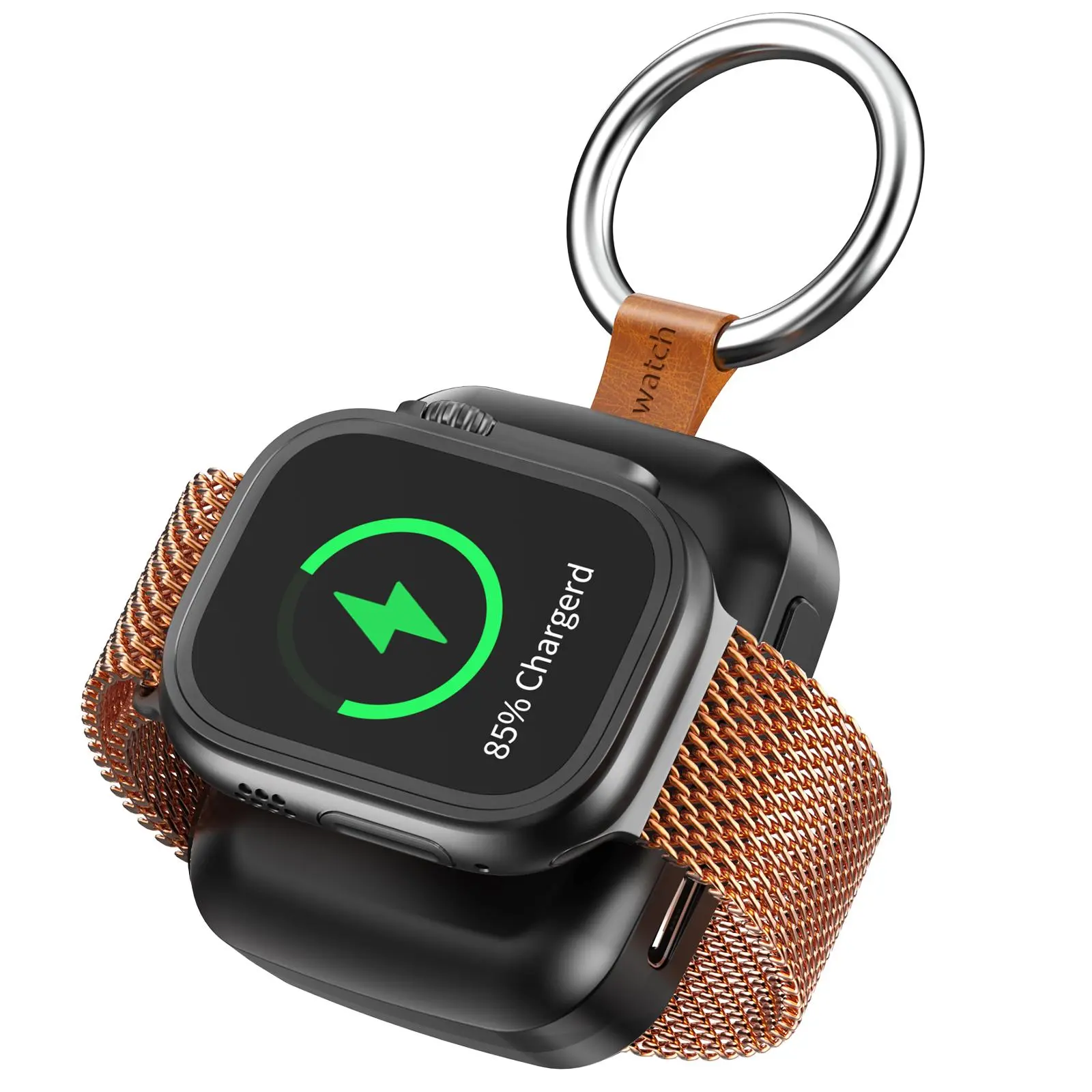 Portable Smartwatch Charger - 1200mAh Compact Keychain Power Bank with Clip, Overheat-Safe Quick Charge Wireless Travel Companion, Black Wearable Accessories with Protection for Electronic Gadgets
