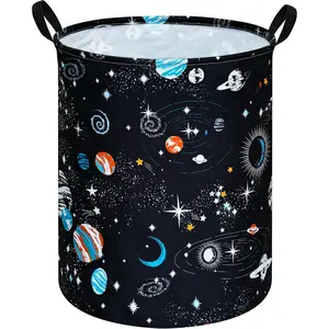 Kids Laundry Hamper Storage Basket with Handles Laundry Organizer Storage Bins Clothes Box Nursery Gift Basket (Black planet)