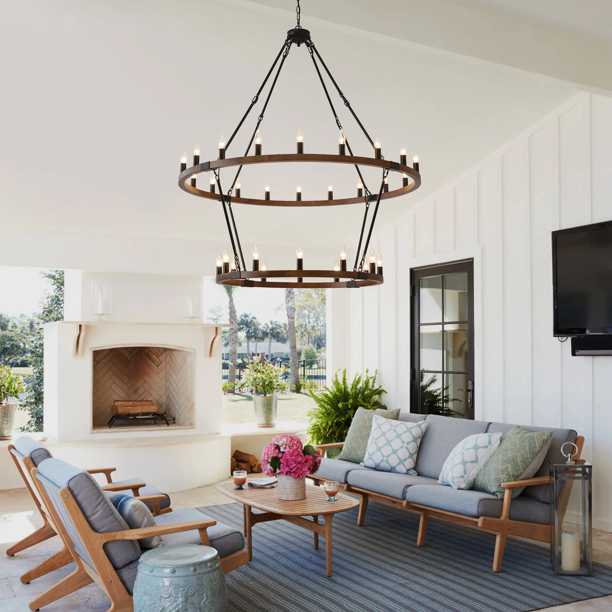 Farmhouse 32-Light Wagon Wheel Chandelier, Matt Black & Wood Finish Light Fixture, 47.6 in L x 47.6 in W x 49.31 in H for Dining Room, Photos & Hosting Use