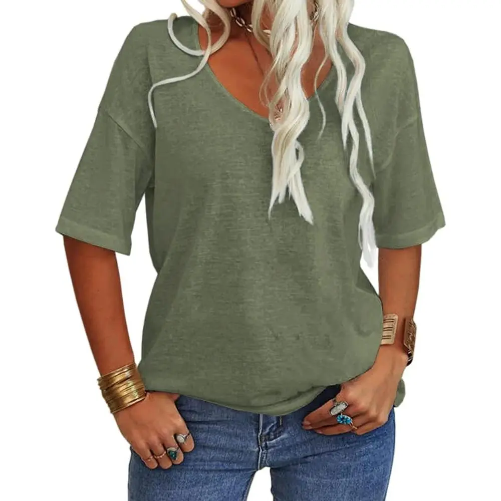 Imily Bela Women's 3/4 Sleeve Shirts V Neck Loose Fitting Tops Casual Solid Color Tshirts Trendy Basic Tunic Summer Ladies Tops
