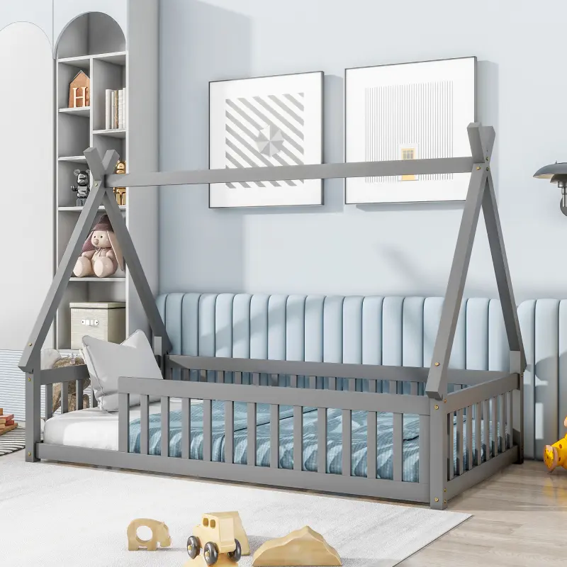 Twin /Full Tent-shaped Floor Bed, Teepee Bed with Guardrails, Slats