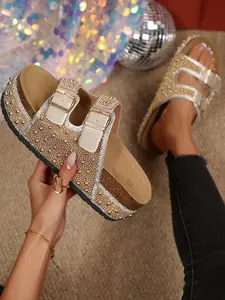 Beaded Slippers with Rhinestone Trim, Buckle Straps, Thick Cork Sole, Casual Spring & Fall Footwear, Adjustable Fit