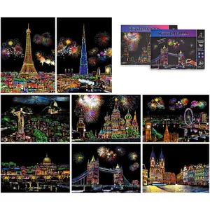 Scratch Painting &Scratch Cards A4 for Kids & Adults, 8pcs Scratch Art Rainbow Paint by Scratch Paper, Engraving Art Set- (Beautiful City)