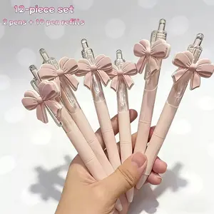 10pcs Set of Pink Bow Push-Type Ballpoint Pens, 2 Pens + 8 Refills | High-Value Student Girly Gift Pen Upgraded ST Nib 0.5Mm Smooth And Clear Writing Without Ink | Replaceable Core