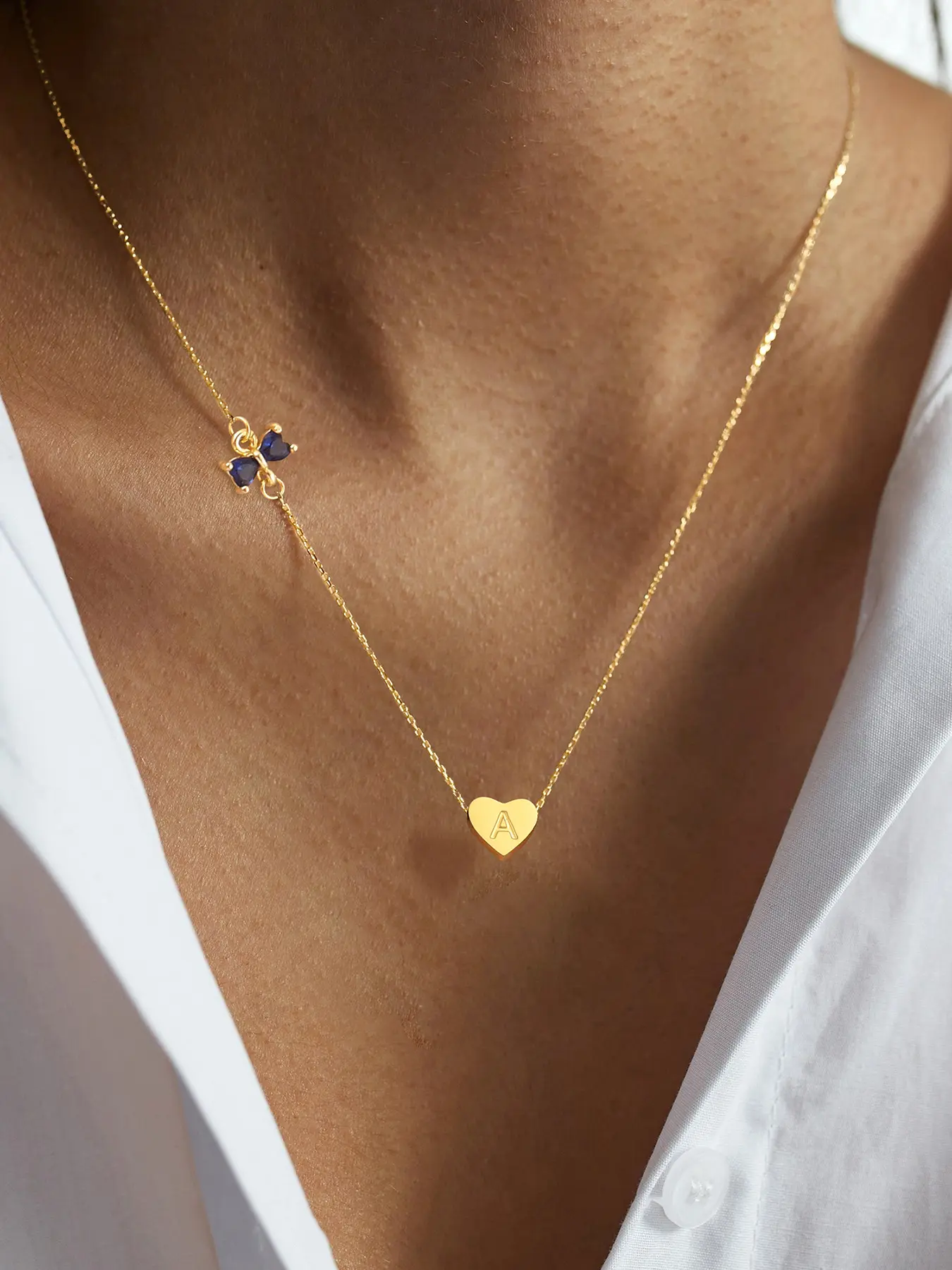 Women's Elegant Zirconia Butterfly Heart Initial Pendant Necklace, Stainless Steel Chain, All-Season Jewelry