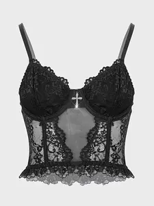 Women's Lace Corset Top with Steel Boning, Sexy Sheer Halter Neck Design, Elegant Slim Fit Backless Vest for All Seasons, Cropped Womenswear