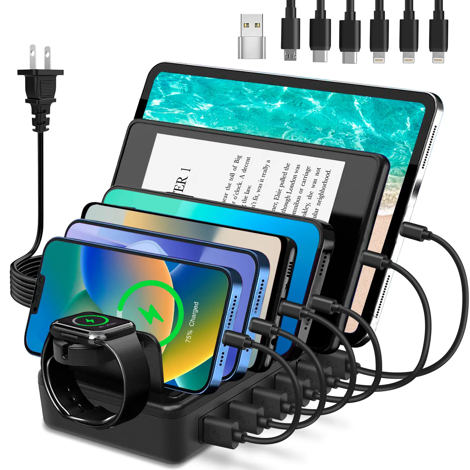 50W 6-Ports USB Mobile Charger Fast Charging Station for Smartphone, Cellphone, Phone/Kindle/Tablet - 10-Slot, Detachable Dividers, Watch Holder, 6 Short Cables Included