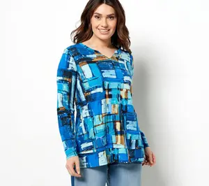 LOGO by Lori Goldstein Printed Cotton Slub Split Neck Top