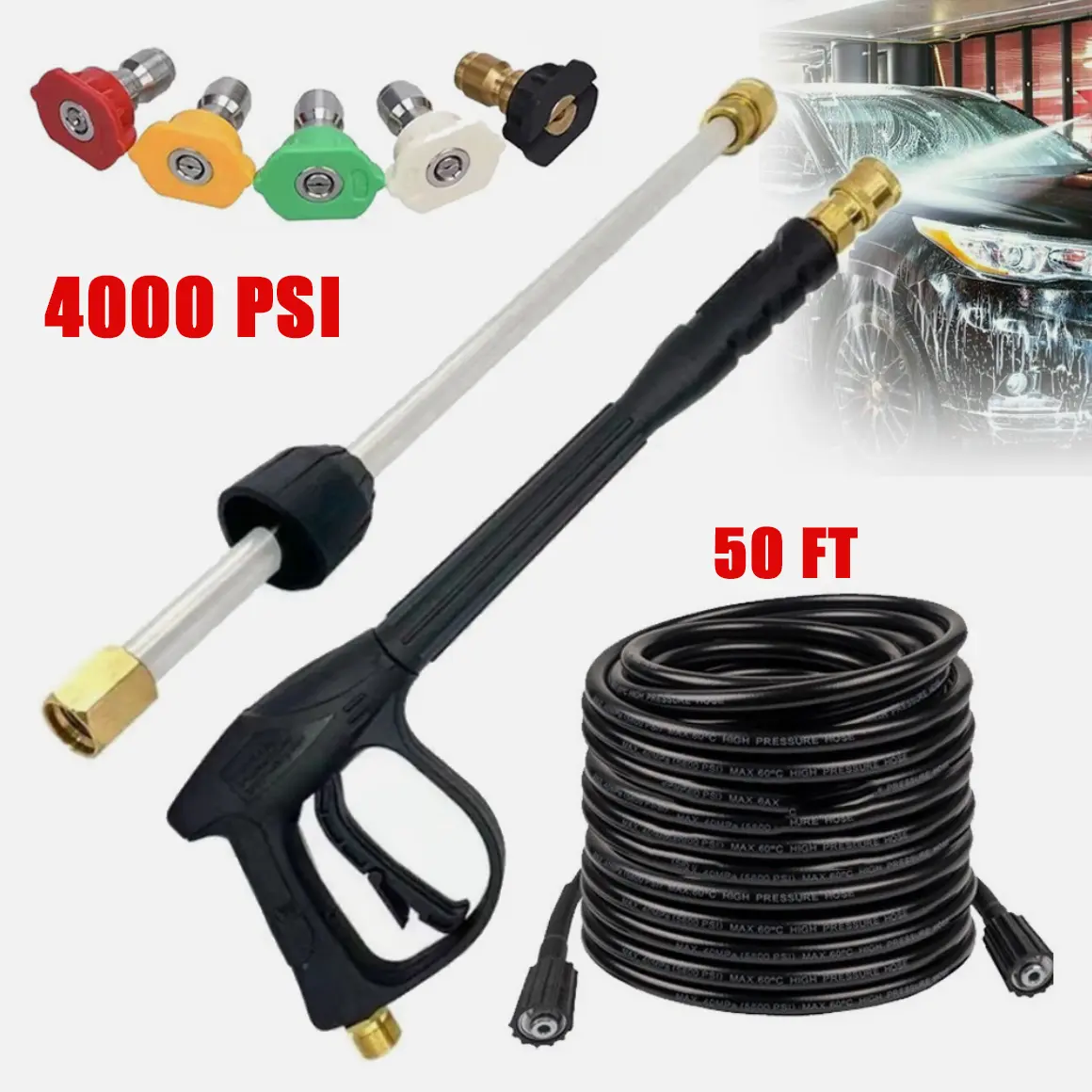4000PSI High Pressure Washer Kit for Cars, Including Spray Gun, Wand Lance, and Hose