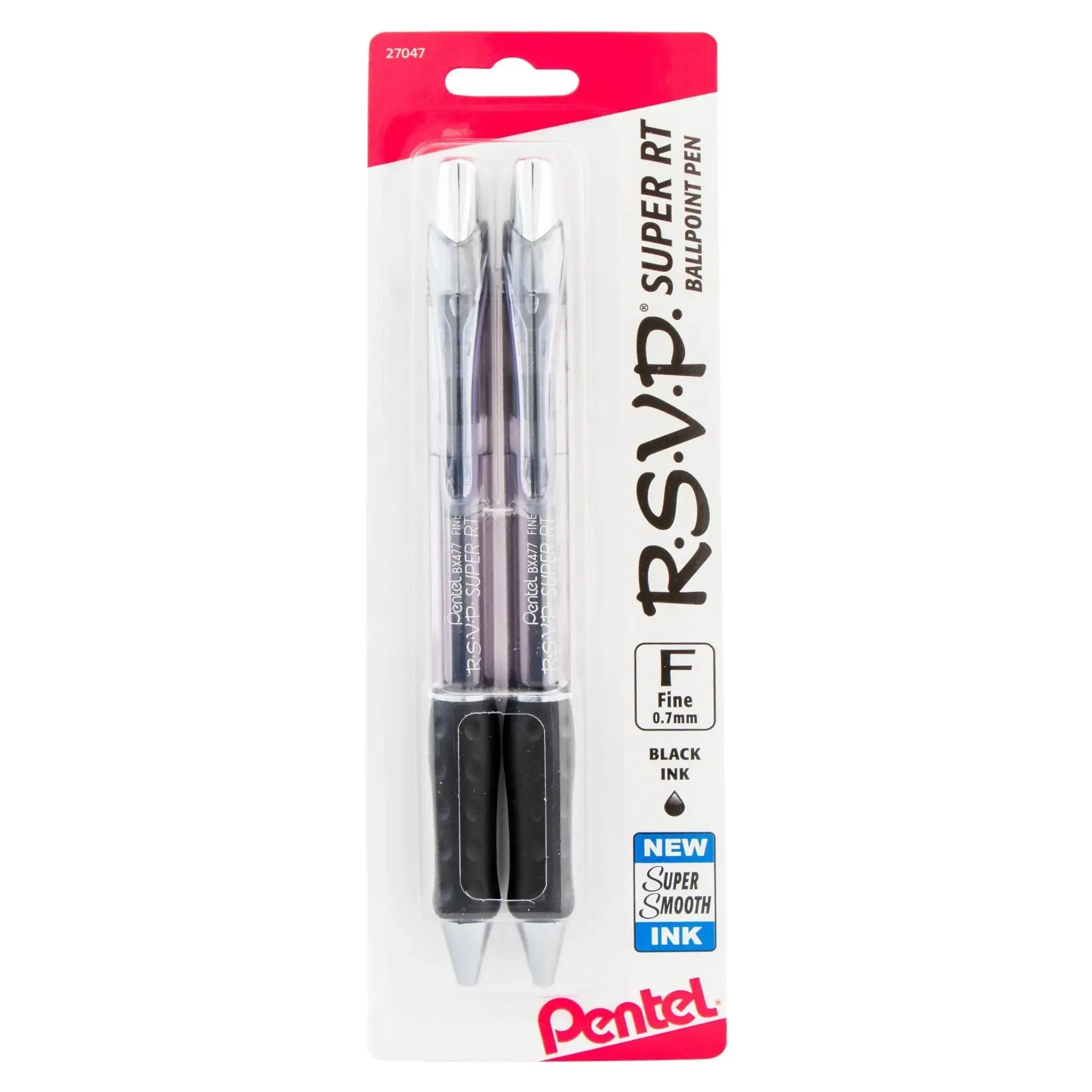 RSVP Super RT Refillable Smooth-Writing Ballpoint Pen - 0.7mm Fine Line, Black Ink, 2-Pack