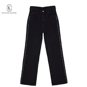 【Sell out at a loss】Elengatine FallFreshness Elasticity Straight Leg Jeans in Black with 2 Lines of Metal Rivets at 2 Sides Viral TikTok Jeans Studded Double-Side Rivet Detail High Waisted Skinny Denim Pants for Women Edgy & Chic Trouser Button