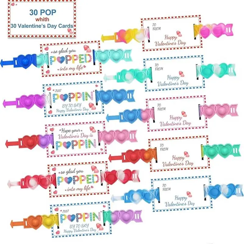 30pcs Valentines Day Gifts. Valentines Day Cards for Classroom & School. Heart POP Bracelets. Valentine's Classroom Exchange Cards & Kids Party Favors. Valentines Goody Bag Filler