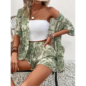 Elegant Floral Print 2pcs Set: Cardigan, Short-Sleeve Top, and Shorts Women