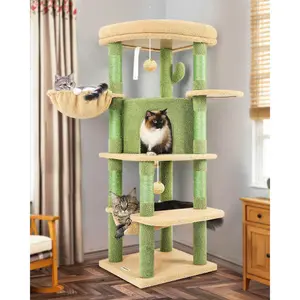 Cactus Corner  Tree Tower with   for Indoor Cats, 51in Multi-Level  Condo Tower with Large Hammock, Fan-Shaped Padded Perch, Spacious  Cave, Hanging Basket, C51, Green