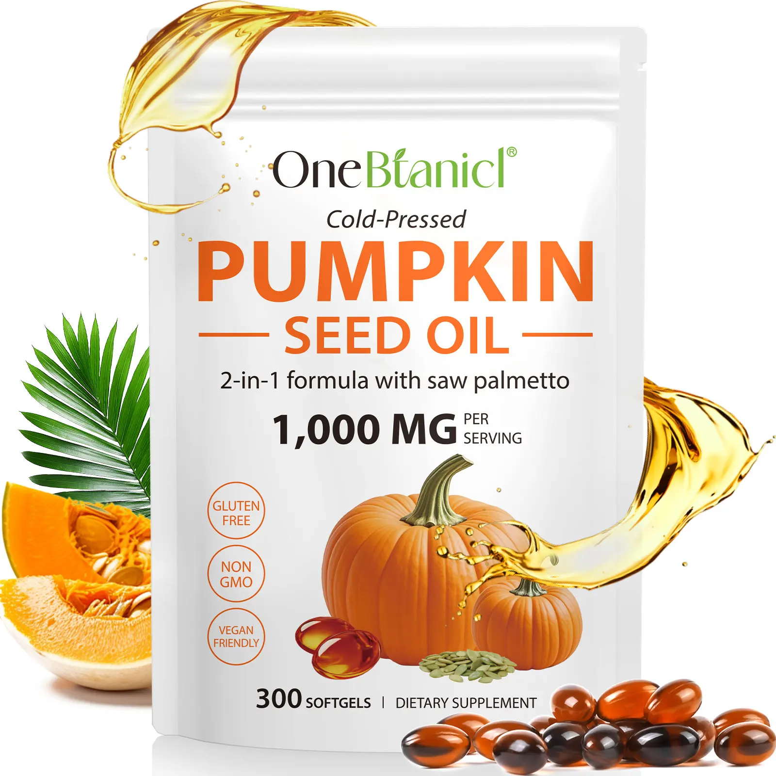 ONEBTANICL Cold-Pressed Pure Virgin Pumpkin Seed Oil with Saw Palmetto Dietary Softgels, 1000mg Per Serving, 300 Count, Hair Growth Healthcare Supplements, Daily Vitamins, Hair & Nail Care Support campingessentials, Hair Growth Supplements, Natural Supple