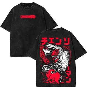 DENJI POCHITA Chainsaw Man Retro Vintage Crewneck Washed Cotton Graphic tees , Gift For Anime Lovers Fabric Top Menswear Seamless Casual Tshirt streetwear Apparel Classic