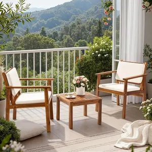 Acacia Wood Outdoor Patio Furniture Set, Patio Conversation Chairs with Coffee Table & Cushions for Porch, Deck Sectional