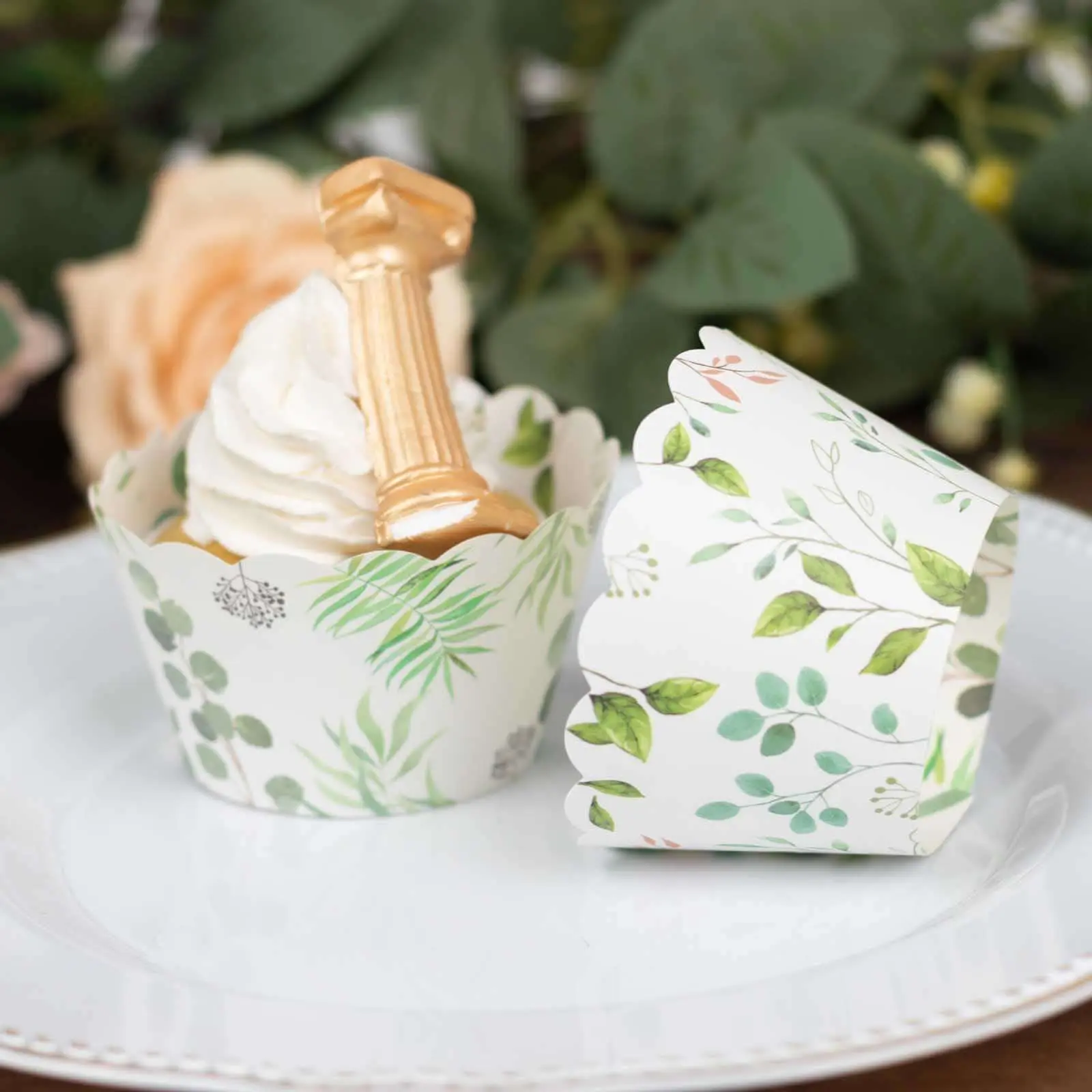 25-Pack 3" White and Green Eucalyptus Leaves Print Paper Cupcake Wrappers - Baking Tools, Bakeware, Woodland Theme Party Events Supplies for Wedding, Home Baking Muffin Truffle Cup Liners