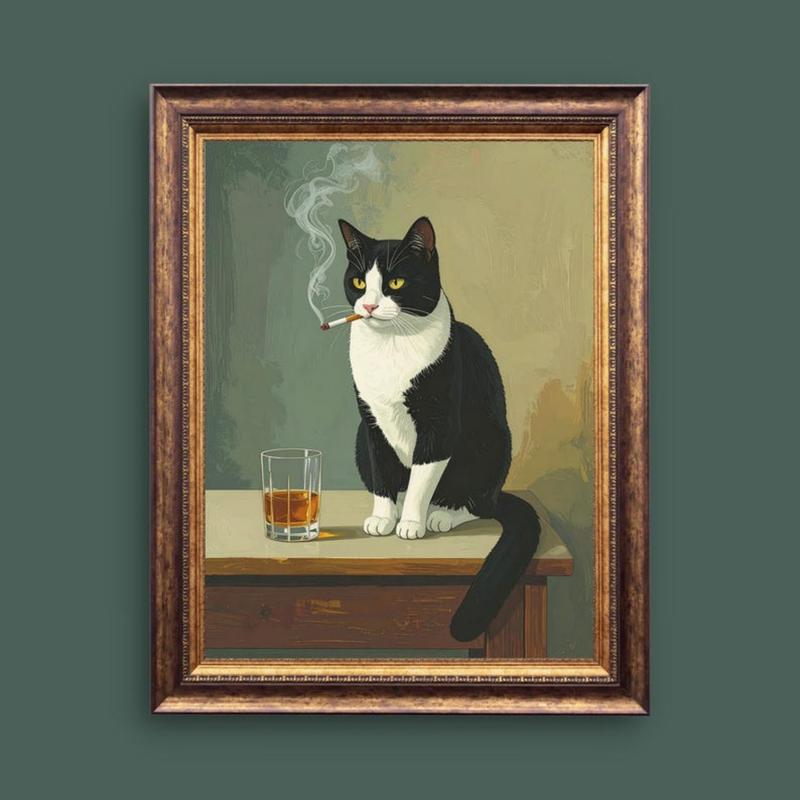 Moody Tuxedo Cat Oil Painting Style Print, Funny Tuxedo Cat Drinking Whiskey Poster, Tuxedo Cat Smoking, Dark Humor Wall Art Poster