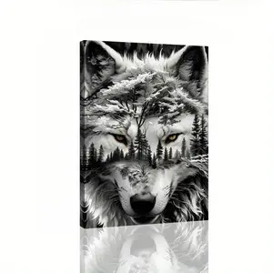 1pc Wolf & Forest Canvas Art Print - Winter Wonderland Wall Decor with Snow-Covered Trees, Black & White Wolf Design, Perfect for Home, Bedroom, Living Room, or Hallway, Unique Winter-Themed Canvas Poster, Wolf Decor, 2D Flat