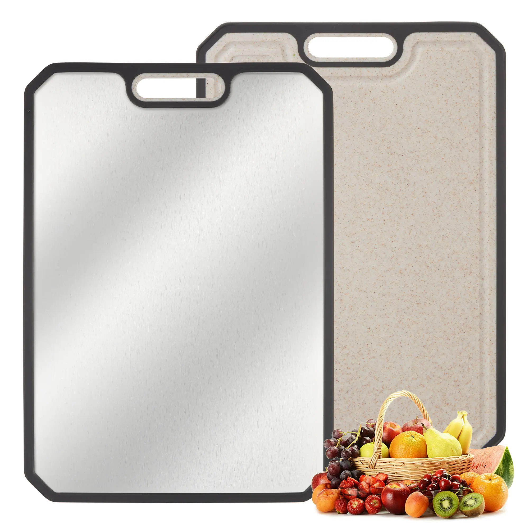 Durable 304 Stainless Steel Cutting Board for Kitchen - Large 15x10.5 Inch Double-Sided Chopping Board with Deep Juice Groove, Handle, Stainless Steel & PP Material - Dishwasher Safe for Easy Food Prep, Durable Cutting Board