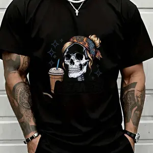 Skull With Bun And Iced Coffee MEANER Graphic Tee - Casual Short Sleeve Cotton T-Shirt, Super Soft Breathable Summer Top - Cool Streetwear Style for Men, Unique Skull Art Design, Perfect Gift for Friends and Family