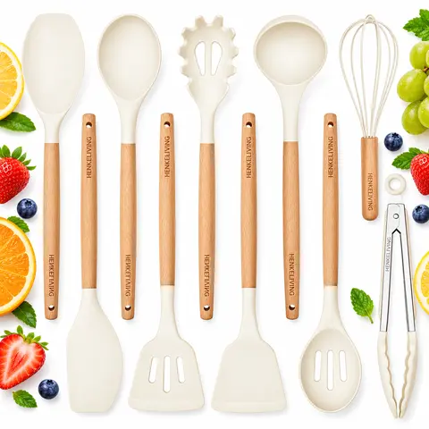 HENKELIVING 10-Pcs Food Grade Silicone Cooking Utensils Set - Bisphenol A (BPA)-Free, Heat Resistant, Sturdy, Non-Scratch, Wood Handles, Cool Kitchen Gadgets, Anti-Adhesive & Bendable Spatulas & Turners, for Nonstick Cookware Prep