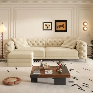 97.7" 3-in-1 Convertible Sleeper Sofa Bed, 4-Seater Deep Seat Button Tufted Sectional Couch with Removable Ottoman, Modern Apricot Sofa for Apartment, Office, Bedroom