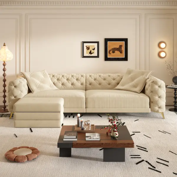 97.7" 3-in-1 Convertible Sleeper Sofa Bed, 4-Seater Deep Seat Button Tufted Sectional Couch with Removable Ottoman, Modern Apricot Sofa for Apartment, Office, Bedroom