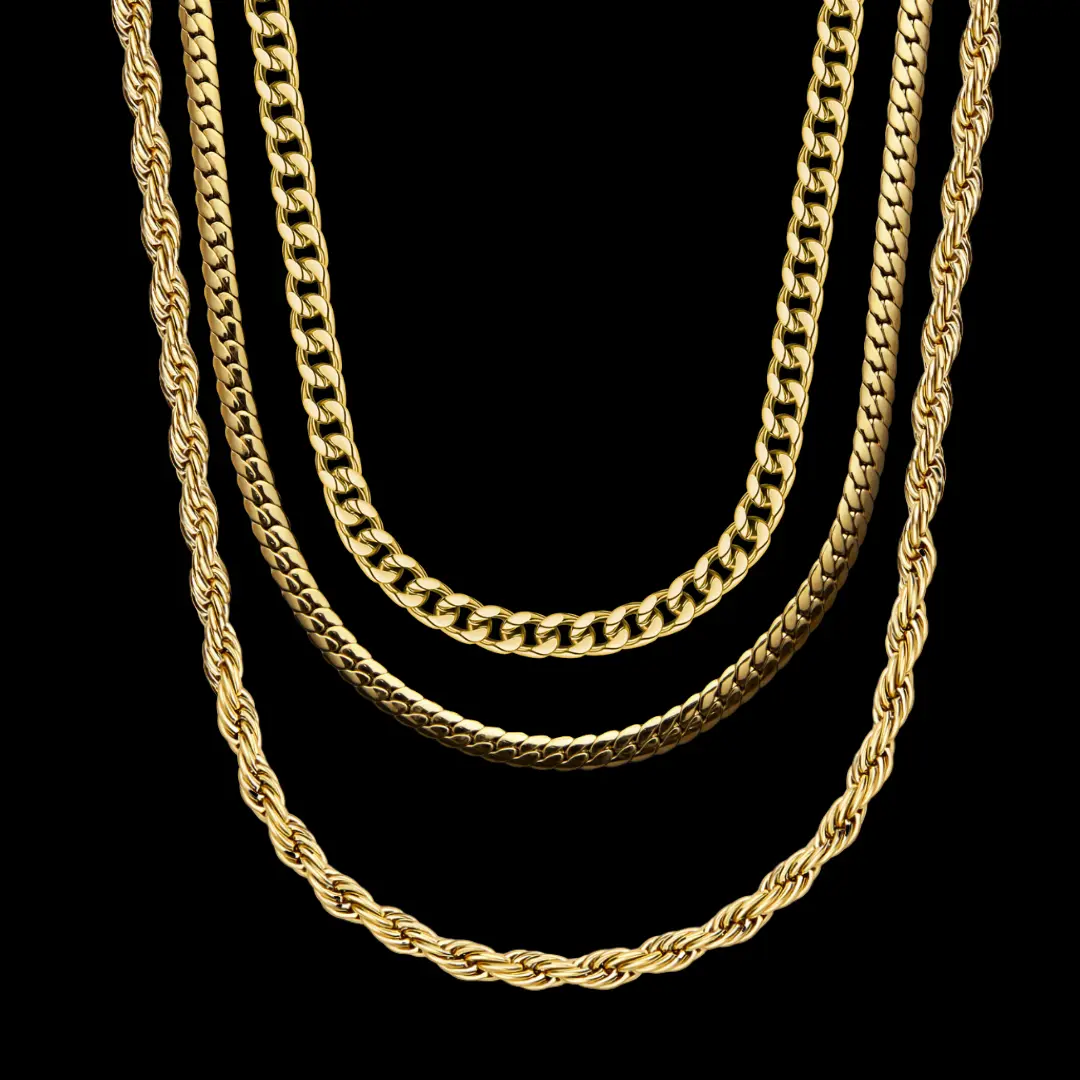 Imperium 3 Chains for $99 Gold Plated - 5mm Cuban Link, 4mm Rope, 5mm Miami Cuban Link - Ultimate Style Bundle, Cuban Links, Rope Texture
